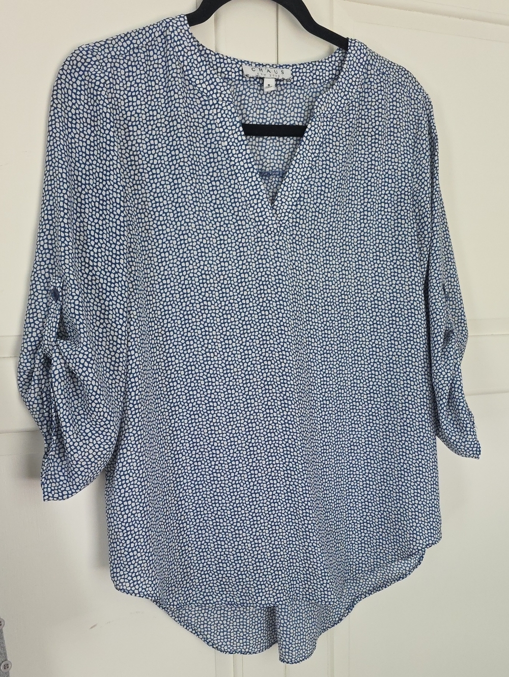 Chaus Navy and White Micro Dot V-Neck Tunic